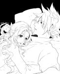  1boy 1girl aerith_gainsborough alternate_costume artist_name bangs black_background blush cloud_strife cog_hal cuddling dated final_fantasy final_fantasy_vii final_fantasy_vii_remake greyscale hair_between_eyes hair_ribbon hand_on_another&#039;s_back hetero hug lineart long_sleeves monochrome parted_bangs parted_lips ponytail ribbon short_hair sidelocks spiked_hair turtleneck upper_body wavy_hair 