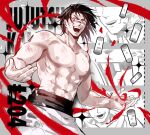  black_hair blood choso_(jujutsu_kaisen) english_text excited facial_tattoo jujutsu_kaisen male_focus mature_male muscular muscular_male pants red_eyes scar scar_across_eye tattoo white_pants zihad 