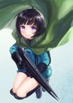  1girl ahoge amatori_chika black_footwear black_gloves black_hair black_shorts blue_jacket bob_cut boots cloak cloak_lift closed_mouth floating_clothes full_body gloves green_cloak grey_background gun highres holding holding_gun holding_weapon hood hooded_cloak jacket jumping knee_boots long_sleeves looking_at_viewer mikumo_squad&#039;s_uniform purple_eyes short_hair short_shorts shorts smile solo sonoda_(mzm) uniform weapon world_trigger 