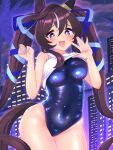  1girl :3 black_one-piece_swimsuit blue_nails blush brown_hair cameltoe character_name collarbone commentary_request cowboy_shot ear_covers echieichi giant giantess hair_between_eyes highres horse_girl horse_tail long_hair looking_at_viewer multicolored_hair nail_polish night one-piece_swimsuit open_mouth outdoors sailor_collar single_ear_cover smile solo streaked_hair swimsuit tail thigh_gap thighs twintails umamusume very_long_hair vivlos_(umamusume) wet wet_clothes wet_swimsuit white_hair white_sailor_collar 