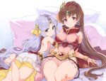  2girls backless_dress backless_outfit bare_shoulders barefoot bed belt blue_eyes breasts brown_hair circlet cleavage dress earrings fire_emblem fire_emblem:_mystery_of_the_emblem fire_emblem:_thracia_776 fire_emblem_heroes hair_ornament highres jewelry large_breasts light_purple_hair linde_(fire_emblem) long_hair looking_at_viewer multiple_girls official_alternate_costume pera pillow ponytail red_eyes sara_(fire_emblem) sideboob small_breasts smile thighs 