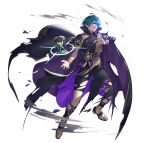  1boy blue_eyes blue_hair byleth_(fire_emblem) byleth_(male)_(fire_emblem) cape fire_emblem fire_emblem:_three_houses fire_emblem_heroes hourglass male_focus official_alternate_costume purple_cape solo torn_cape torn_clothes 