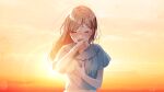  1girl aoi_hibi_ni_sayonara_wo bangs blue_shirt blush brown_hair casual closed_eyes covering_mouth crying day facing_viewer gradient_sky hair_ornament hairpin hanako151 hand_over_own_mouth hand_to_own_mouth long_hair multicolored_sky open_mouth orange_sky parted_bangs shirt short_sleeves signature sky solo sun sunlight teardrop twilight upper_body yellow_sky 