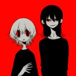  2girls bags_under_eyes black_eyes black_hair black_shirt collarbone colored_sclera colored_skin evil_smile hand_up horror_(theme) long_hair looking_at_viewer mole mole_under_eye mole_under_mouth multiple_girls original panda23577667 red_background red_sclera sharp_teeth shirt short_hair simple_background smile teeth white_hair white_nails white_skin 