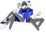  3boys amamiya_ren arknirya arm_support blue_headwear blue_jacket blue_necktie book card collared_shirt crossed_legs full_body highres holding holding_card in-franchise_crossover jacket light_smile looking_at_viewer male_focus multiple_boys narukami_yuu necktie open_book persona persona_3 persona_4 persona_5 shirt short_hair sitting sketch spot_color uniform velvet_room white_background yellow_eyes yuuki_makoto_(persona_3) 