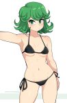  1girl absurdres arm_at_side armpits ass_visible_through_thighs bare_shoulders bikini black_bikini breasts collarbone commentary dashi flipped_hair green_eyes green_hair highres light_blush looking_at_viewer medium_breasts navel one-punch_man outstretched_arm patreon_username short_hair side-tie_bikini_bottom simple_background skindentation solo string_bikini swimsuit symbol-only_commentary tatsumaki thighs underboob v-shaped_eyebrows watermark web_address white_background 