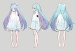  1girl bandaid bandaid_on_knee bandaid_on_leg barefoot blue_eyes blue_hair closed_mouth coat drawstring expressionless facing_away from_behind from_side full_body gauze grey_background hair_ornament high_collar indie_virtual_youtuber long_hair long_sleeves mimelond multiple_views official_art parted_hair profile reference_sheet simple_background sleeves_past_wrists somunia standing very_long_hair virtual_youtuber white_coat 