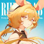  1girl animal_ears arknights bare_shoulders blonde_hair blue_background breasts chinese_commentary cleavage commentary_request dorothy_(arknights) english_text frown gradient_background hat indai_(3330425) long_hair looking_at_viewer mouse_ears mouse_girl ponytail portrait solo upper_body white_headwear yellow_eyes 