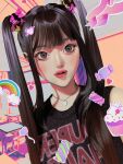  black_eyes black_hair black_shirt blush candy classroom cupcake food hair_behind_ear hanni_(newjeans) heart indoors jewelry k-pop meiyunn necklace newjeans open_mouth pink_ribbon portrait rainbow real_life ribbon shirt sleeveless sleeveless_shirt twintails 