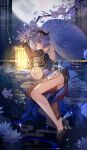  1girl absurdres ahoge blue_hair breasts brown_eyes dress feet flower ganyu_(genshin_impact) genshin_impact highres horns lantern long_hair looking_at_viewer lotus lying medium_breasts moon night parted_lips solo tree umbrella yolanda 