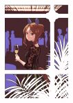  1girl animal_ears blurry breasts brown_eyes brown_hair champagne_flute cup depth_of_field dress drinking_glass ear_covers goripan hair_bun highres holding holding_cup horse_ears horse_girl horse_tail indoors king_halo_(umamusume) long_sleeves looking_at_viewer looking_to_the_side people short_hair small_breasts solo standing tail tail_through_clothes twitter_username umamusume window 