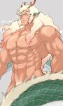 1boy abs antlers bara chinese_zodiac completely_nude cowboy_shot dragon_boy dragon_horns dragon_tail frown highres horns large_pectorals long_hair looking_at_viewer male_focus male_pubic_hair monster_boy motion_blur muscular muscular_male navel nipples nude obliques original owariya_ranko pectorals pubic_hair solo standing stomach tail tail_censor thick_eyebrows tiger_stripes very_long_hair year_of_the_dragon 