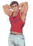 1boy absurdres armpit_hair arms_behind_head bara blue_eyes brown_hair closed_mouth grey_pants highres jewelry large_pectorals male_focus male_underwear male_underwear_peek milkiato muscular muscular_male necklace one_eye_closed original pants pectorals red_tank_top short_hair simple_background solo sweat tank_top underwear white_background 