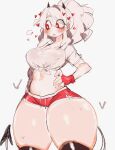  1girl blush demon_girl demon_horns demon_tail heart heart-shaped_pupils helltaker highres horns looking_to_the_side modeus_(helltaker) ponytail red_eyes red_shorts shirt shorts symbol-shaped_pupils t-shirt tail thick_thighs thighs tied_shirt usa37107692 white_hair 