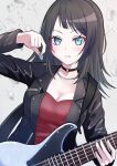  1girl absurdres bang_dream! bang_dream!_it&#039;s_mygo!!!!! black_hair black_jacket blush breasts highres holding jacket long_hair long_sleeves looking_at_viewer medium_hair plectrum user_jxnk5728 yahata_umiri 