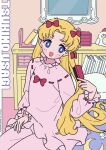  1girl :d bed bishoujo_senshi_sailor_moon blonde_hair blue_eyes bow brushing_hair character_name commentary dated hair_bow hair_brush highres holding holding_brush indoors long_hair long_sleeves mirror neki_(wakiko) on_bed pants parted_bangs pillow pink_pants pink_shirt puffy_long_sleeves puffy_sleeves red_bow ribbon-trimmed_shirt ribbon-trimmed_sleeves ribbon_trim shirt sitting sleeves_past_wrists smile solo tsukino_usagi twitter_username very_long_hair 