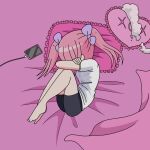  1girl barefoot bed_sheet black_shorts bow cellphone charger covering_face ezaki_bisuko fetal_position hair_bow hair_over_face highres lying menhera-chan_(ezaki_bisuko) menhera-chan_(ezaki_bisuko)_(character) official_art phone pillow pink_hair print_shirt purple_bow sad shirt short_twintails shorts smartphone solo twintails usb white_shirt 