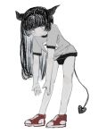  1girl black_buruma black_horns blunt_bangs buruma closed_mouth demon_girl demon_tail expressionless full_body grey_eyes grey_shirt gym_shirt gym_uniform highres horns hougetsu_(moon_neetcat) leaning_forward long_hair looking_at_viewer original red_footwear shirt shoes short_sleeves simple_background sneakers solo standing tail white_background white_shirt 