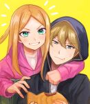  1boy 1girl :t arm_around_neck black_jacket blue_eyes casual closed_mouth eyelashes food food_on_face green_eyes grin hands_up holding holding_food hood hood_down hood_up hooded_jacket hyuse jacket konami_kirie long_hair long_sleeves looking_at_viewer parted_bangs pink_jacket short_hair simple_background smile sonoda_(mzm) taiyaki upper_body wagashi world_trigger yellow_background 