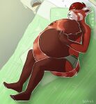 ailurid anthro barefoot bed belly big_belly btket clothed clothing cozy feet furniture hi_res humanoid_feet long_tail male mammal navel on_bed plantigrade pregnant pregnant_male red_panda sleeping solo tail tail_between_legs tobor underwear underwear_only