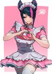  1girl absurdres alternate_costume ap_cammy apron black_hair blue_nails blush breasts closed_mouth diagonal_bangs drill_hair green_eyes han_juri heart heart_hands heterochromia highres maid maid_apron maid_headdress multicolored_hair pink_background pink_hair red_eyes short_sleeves skirt solo street_fighter sweatdrop thighhighs two-tone_hair wavy_mouth white_thighhighs 