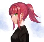  1girl alternate_hairstyle black_shirt blunt_bangs breasts closed_mouth from_side green_eyes katori_youko ponytail profile red_hair shirt sidelocks solo sonoda_(mzm) white_background world_trigger 