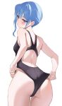  1girl adjusting_clothes adjusting_swimsuit alternate_costume ass asymmetrical_hair back backless_swimsuit black_one-piece_swimsuit blue_eyes blue_hair blush breasts closed_mouth cowboy_shot embarrassed fawny from_behind highres hololive hoshimachi_suisei light_blue_hair looking_at_viewer looking_back medium_hair one-piece_swimsuit side_ponytail simple_background small_breasts solo standing star_(symbol) star_in_eye swimsuit symbol_in_eye virtual_youtuber white_background 