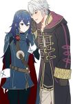  1boy 1girl ameno_(a_meno0) armor belt black_gloves black_robe blue_cape blue_gloves blue_hair blue_pants blush brown_belt brown_eyes cape commentary_request fingerless_gloves fire_emblem fire_emblem_awakening gloves gold_trim hair_between_eyes height_difference hood hood_down hooded_robe long_hair long_sleeves lucina_(fire_emblem) pants pauldrons red_cape ribbed_sweater robe robin_(fire_emblem) robin_(male)_(fire_emblem) short_hair shoulder_armor simple_background smile sweater tiara turtleneck turtleneck_sweater two-tone_cape whispering_in_ear white_background white_hair white_pants 