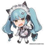  1girl animal_ear_fluff animal_ears apron aqua_hair bell black_bow black_dress black_footwear black_ribbon blush bow breasts brown_eyes cat_ears cat_tail character_name chibi commentary dress elbow_gloves english_commentary frilled_apron frills full_body gloves goddess_of_victory:_nikke hair_ornament hair_ribbon hairclip highres long_hair looking_at_viewer maid_headdress name_tag neck_bell neck_ribbon official_art open_mouth pointing pointing_at_viewer privaty_(nikke) privaty_(unkind_maid)_(nikke) ribbon solo standing tail totatokeke trembling twintails v-shaped_eyebrows very_long_hair wavy_mouth white_apron white_gloves 