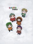  5boys beanie black_hair black_pants blonde_hair blue_eyes blue_headwear blue_jacket blue_pants brown_hair butters_stotch copyright_name eric_cartman full_body gloves green_gloves green_headwear hat highres hood hood_up jacket kenny_mccormick kyle_broflovski long_sleeves looking_at_viewer male_focus multiple_boys omochisan216 orange_jacket orange_pants pants red_gloves red_hair red_jacket short_hair south_park stan_marsh standing white_background yellow_gloves 