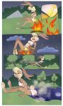 absurd_res anthro burning burnt_clothing butt butt_on_fire campfire camping_tent clothing comic crop_top dolphin_shorts exposed_butt falling_back female fire hi_res inventor_(artist) lagomorph lake leporid lola_bunny looney_tunes mammal pain plant rabbit samyrai scut_tail shirt short_tail solo tail tent topwear tree warner_brothers
