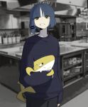  &lt;o&gt;_&lt;o&gt; 1girl absurdres black_sweater blue_hair blunt_bangs bocchi_the_rock! commentary english_commentary grin hair_ornament hairclip highres holding holding_stuffed_toy kitchen machuuu68 nervous_sweating photo_background sleeves_past_wrists smile solo stuffed_animal stuffed_shark stuffed_toy sweat sweater upper_body yamada_ryo yellow_eyes 