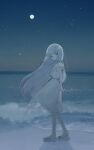  1girl arms_behind_back beach blue_eyes blue_hair closed_mouth commentary_request dress from_side full_body highres indie_virtual_youtuber long_hair looking_at_viewer moon night night_sky ocean outdoors paid_reward_available sandals second-party_source sky solo somunia standing star_(sky) starry_sky very_long_hair virtual_youtuber water waving white_dress wind yorunogumo 