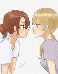  2girls absurdres artist_name bangs blonde_hair brown_eyes brown_hair closed_mouth edamoto_haru grey_background highres long_hair looking_at_another multiple_girls nyamo ponytail purple_shirt saeki_sayaka shirt simple_background white_shirt yagate_kimi_ni_naru yagate_kimi_ni_naru:_saeki_sayaka_ni_tsuite yellow_eyes 