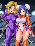  2girls abs android arcana_heart athletic blonde_hair blue_hair glados glasses green_eyes hair huge_breasts lipstick mei-fang metroid muscular navel nipples sigurdhosenfeld toned yellow_eyes 