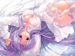  breasts canvas_2 cleavage dutch_angle garter_belt large_breasts long_hair lying miwa_yoshikazu nipples on_back open_mouth panties purple_hair saginomiya_saya see-through smile solo thighhighs underwear very_long_hair white_panties 