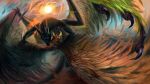  2019 alaiaorax avian beak blood claws day digital_media_(artwork) dragon duo feathered_dragon feathers feral flying gryphon horn open_mouth outside sun tongue 