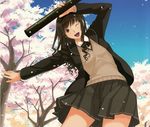  amagami black_eyes black_hair diploma highres long_hair morishima_haruka open_mouth school_uniform seifuku skirt wink 