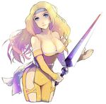  1girl bare_shoulders blonde_hair blue_eyes breast_clinging breasts catsuit celes_chere cleavage detached_sleeves female final_fantasy final_fantasy_vi headband long_hair lowres miso_katsu sash solo sword weapon white_background 