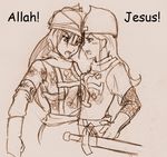  2girls armor asymmetrical_docking blush breast_press chainmail christian cross crusader crusades female helmet islam knight long_hair multiple_girls muslim sword weapon 