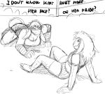 anthro big_breasts black_and_white boss_lamb_(hladilnik) bovid breasts caprine clothed clothing counter dialogue donk_sis english_text equid equine female hladilnik horse mammal mask monochrome sheep text wrestling wrestling_match 