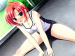  1girl :o akiha_yui artist_request blush breasts cleavage dutch_angle game_cg gym_shorts gym_uniform hair_ornament hairclip leaning_forward not_kittens okitsune-sama_no_koisuru_majinai okitsune-sama_no_koisuru_omajinai open_mouth outdoors red_hair short_hair short_shorts shorts solo spread_legs stretch stretching 