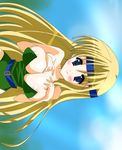 asukasunao belt big_breasts blonde_hair blush breast_clinging breasts celes_chere cleavage female final_fantasy final_fantasy_vi gradient gradient_background headband large_breasts leotard long_hair lowres solo 