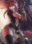  2019 absolute_territory anthro areola black_nose breasts canid canine clothed clothing detailed_background digital_media_(artwork) dual_wielding female green_eyes gun hair holding_object holding_weapon kardie legwear mammal navel nipples pink_hair pussy ranged_weapon smile solo standing thigh_highs weapon 