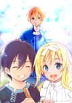  1girl 2boys age_difference alice_schuberg apron black_hair blonde_hair blue_eyes blue_pants blue_shirt cloud collarbone commentary_request crying crying_with_eyes_open day eugeo eyebrows_visible_through_hair eyes_closed green_eyes hair_between_eyes hair_ribbon hairband height_difference highres kirito long_hair multiple_boys open_eyes open_mouth pants parted_lips ribbon shi-2 shirt short_hair sky smile sword_art_online sword_art_online_alicization tears teeth 