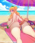  anal ass beach beach_towel bed_sheet bikini bikini_aside bikini_bottom blonde_hair blue_bikini_bottom blue_eyes blush breasts cum cum_in_ass day disembodied_penis galko hair_bun hair_ornament hair_scrunchie huge_breasts large_penis looking_back lying ocean on_stomach oshiete!_galko-chan penis pussy rolling_eyes scrunchie sex sheet_grab swimsuit testicles thick_thighs thighs topless towel vanilly 