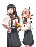  2girls :t absurdres armband black_hair commentary_request eyebrows_visible_through_hair eyes_closed girls_frontline headgear highres long_sleeves looking_at_another m4_sopmod_ii_(girls_frontline) multicolored_hair multiple_girls neckerchief open_mouth pout red_eyes red_neckwear ro635_(dinergate) ro635_(girls_frontline) school_uniform sd_bigpie serafuku shirt simple_background skirt streaked_hair twintails white_background white_hair white_shirt 