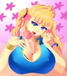  blonde_hair blue_eyes breasts cleavage erection fellatio female galko hetero large_breasts looking_at_viewer male open_mouth oral oshiete!_galko-chan paizuri penis pov sowilo tongue tongue_out 