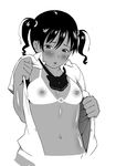 1girl bikini_tan black_hair blush breasts character_request copyright_request drain monochrome nipples no_bra shirt short_hair short_twintails simple_background solo tan tanline twintails undressing white_background 