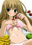  apple banana bikini blush cream food fruit highres lemon long_hair sexually_suggestive strawberries strawberry swimsuit 